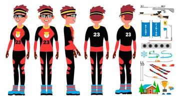 Biathlon Player Male Vector. Ski Race Skier Athlete. Ski Tracks. Winter Games. Isolated Flat Cartoon Character Illustration vector