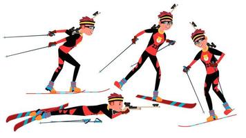 Biathlon Male Player Vector. Playing In Different Poses. Man Athlete. Rifle Gun. Participant In Competition. Shooting. Isolated On White Cartoon Character Illustration vector