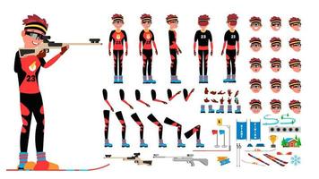 Biathlon Player Male Vector. Animated Character Creation Set. Man Full Length, Front, Side, Back View, Accessories, Poses, Face Emotions, Gestures. Isolated Flat Cartoon Illustration vector