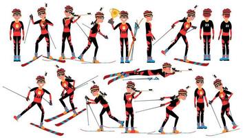 Biathlon Man Player Male Vector. Running In Biathlon Rise. Venue In The Forest. Cartoon Athlete Character Illustration vector