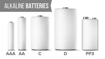 las baterías alcalinas se burlan del vector establecido. diferentes tipos aaa, aa, c, d, pp3, 9 volt. batería realista moderna clásica. plantilla blanca limpia y vacía buena para el diseño de marca. ilustración aislada