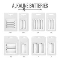 vector de conjunto de baterías empacadas. diferentes tipos aaa, aa, c, d, pp3, 9 volt. Pila alcalina en blister. acumulador de batería brillante realista. maqueta para diseño de marca. ilustración aislada de primer plano