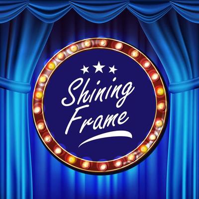 Blue Theater Curtain With Gold Frame Vector. Blue Background And Light Bulbs Frame. Realistic Retro Design Board. Marquee Banner. Place For Text. Illustration