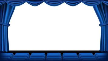 auditorio con vector de asientos. cortina azul teatro, pantalla de cine y asientos. escenario y sillas. cortina azul teatro. ilustración realista.