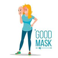 Angry Woman Wear Good Mask Vector. Bad, Tired Female. Fake Person. Deceive Concept. Isolated Flat Cartoon Business Character Illustration vector