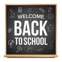 Back To School Banner Design Vector. Classroom Blackboard. Black. Doodle Icons. Sale Flyer. Retail Marketing Promotion. Realistic Illustration vector