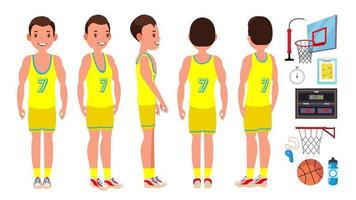 vector masculino de jugador de baloncesto. posición diferente. estilo de vida saludable. ilustración de personaje de dibujos animados plano aislado