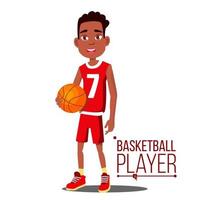 Basketball Player Child Vector. Afro American, Black. Athlete In Uniform With Ball. Healthy Lifestyle. Isolated Flat Cartoon Illustration vector