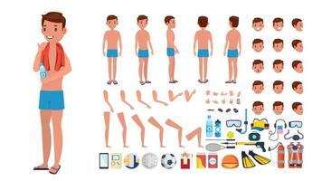 hombre en vector de traje de baño. personaje masculino animado en bañador. conjunto de creación de playa de verano. longitud completa, frontal, lateral, vista posterior. poses, enfrentar emociones, gestos. ilustración de dibujos animados plana aislada