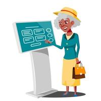 Old Woman Using ATM Machine, Digital Terminal Vector. Digital Kiosk LED Display. Self Service Information System. Isolated Flat Cartoon Illustration vector