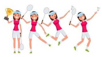 Badminton Young Woman Player Vector. Girl Athlete Player. Jumping, Practicing. Flat Cartoon Illustration vector