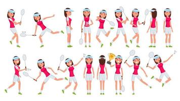 Badminton Girl Player Female Vector. Playing. Athlete In Uniform. Cartoon Athlete Character Illustration vector