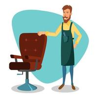 Cute Barber Vector. Cartoon Happy Hipster Barber Man. Professional Barber Ready To Do A Trendy Haircut. Isolated Illustration. vector