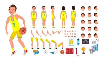 vector masculino de jugador de baloncesto. conjunto de creación de personajes animados. jugador de baloncesto hombre. longitud completa, frontal, lateral, vista trasera, accesorios, poses, emociones faciales. ilustración de dibujos animados plana aislada