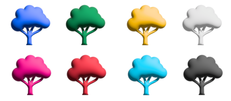 avrundad krona träd 3d ikon uppsättning, färgrik symboler grafisk element png