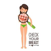 Check Your Breast Vector. Naked Woman, Magnifying Glass. Censored Skin. Body Female Healthcare Sex Concept. Oncology, Tumor. Medical Flyer, Brochure. Check Breast Cancer Isolated Cartoon Illustration vector