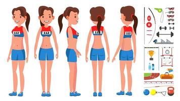 Athletics Player Female Vector. Competition Concept. Energetic People. High Jump. Doing Different Track. Athlete Isolated Flat Cartoon Character Illustration vector