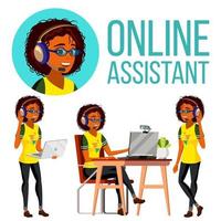 Online Assistant African Woman Vector. Headphone, Headset. Call Center. Technical Support. Dispatcher. Illustration vector