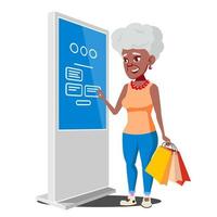 Old Woman Using ATM, Digital Terminal Vector. Showcasing Information, Advertising. Isolated Flat Cartoon Illustration vector