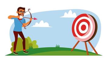 Attainment Concept Vector. Businessman Shooting From A Bow In A Target. Objective Attainment, Achievement. Flat Cartoon Illustration vector