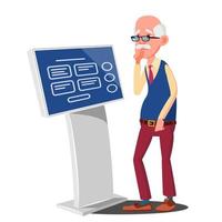Old Man Using ATM, Digital Terminal Vector. Advertising Touch Screen. Floor Standing. Money Deposit, Withdrawal. Isolated Flat Cartoon Illustration vector
