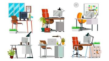 Office Workplace Interior Set Vector. Interior Of The Office Room, Creative Developer Studio. PC, Computer, Laptop. Trendy Office Desk Isolated Flat Illustration vector