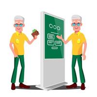 Old Man Using ATM, Digital Terminal Vector. Showcasing Information, Advertising. Isolated Flat Cartoon Illustration vector