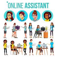 Online Assistant Woman Set Vector. Online Global Tech Support 24 7. Advises Client. Headphone, Headset. Talking. Office Workers At The Computer. Assistance And Counseling. Illustration vector