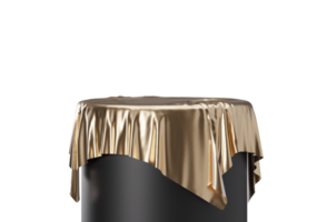 pódio preto e dourado em fundo transparente. palco elegante para produto, apresentação cosmética. seda dourada. simulação de luxo. pedestal ou plataforma para produtos de beleza. cena vazia. renderização 3D. png