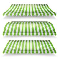 Striped Awnings Vector Set. Large Striped Awnings For Shop And Market Store. Design Element For Shops, Store Front. Isolated Illustration