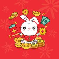 Chinese New Year 2023 Year of the Rabbit with wealth gold money. vector