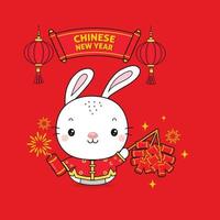 Chinese New Year 2023 Year of the Rabbit with firecrackers. vector