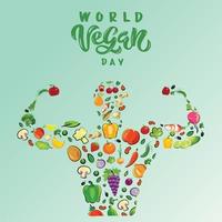 cartel del día mundial vegano, diseño de publicaciones del día mundial vegano, vector biológico de alimentos naturales