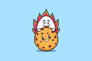 Dragon fruit cartoon character hiding in biscuits vector