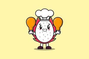 Cute cartoon Dragon fruit chef hold chicken thighs vector