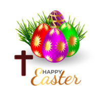 happy easter element for design.eggs in green grass with white flowers isolated png