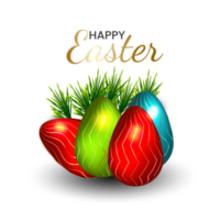 feliz elemento de pascua para design.eggs en hierba verde con flores blancas aisladas png