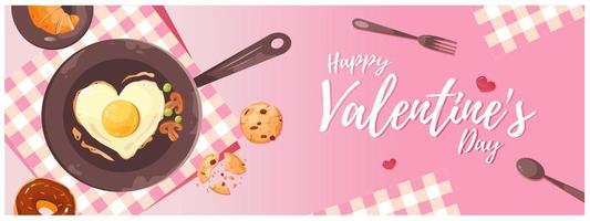 día de San Valentín. desayuno para un ser querido. huevos fritos en forma de corazón en una sartén. plantilla para un banner web, postal, publicación en una red social. vector