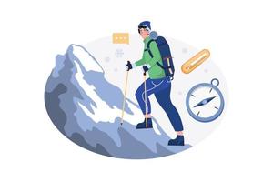 Man Character Hike High In Mountains In Winter vector