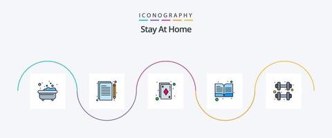 quédese en el paquete de íconos de 5 planos llenos de línea de casa que incluye el hogar. libro abierto. as. lectura. libro vector