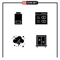 4 Thematic Vector Solid Glyphs and Editable Symbols of battery energy status settings cloud Editable Vector Design Elements