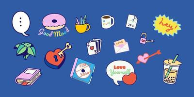 Set of Hand drawn isolated vector patches, pins, stamps or sticker pack with funny cute characters and trendy illustrations. Colorful planning decoration , Prints and social media post