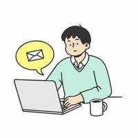 Man using computer to send emails. Concept of work from home or online meeting.  Hand drawn style vector doodle design illustrations