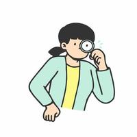 Young woman with magnifying glass. Search engine concept. Hand drawn style, vector illustration