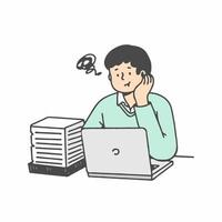 Stressed worker. Burnout cartoon character worried about deadline. Hard work in office, isolated busy unhappy man and stacks of paper on desk. Vector flat illustration