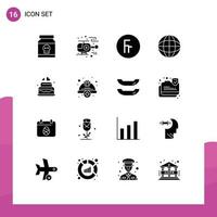 Pack of 16 Modern Solid Glyphs Signs and Symbols for Web Print Media such as wedding love franc cake map Editable Vector Design Elements