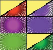 Comic book colorful frames background with halftone rays radial and dotted effects pop art style vector