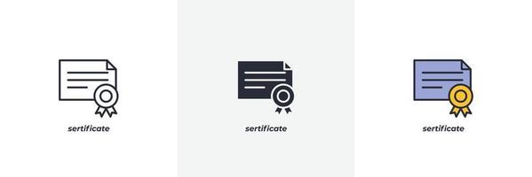 icono de certificado. línea, versión en color de contorno sólido y relleno, contorno y signo de vector relleno. símbolo de idea, ilustración de logotipo. gráficos vectoriales