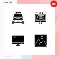 Mobile Interface Solid Glyph Set of 4 Pictograms of auto computer dirt tool device Editable Vector Design Elements