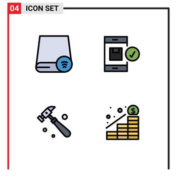 paquete de color plano de línea de llenado de 4 símbolos universales de computadoras que envían elementos de diseño vectorial editables de construcción de verificación de gadgets vector